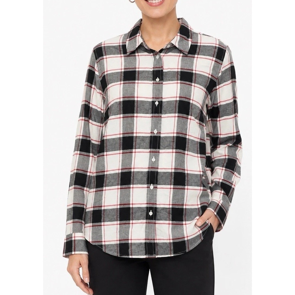 NWT Talbots Black White Plaid Long Sleeve Button Up Flannel Rayon Shirt Large